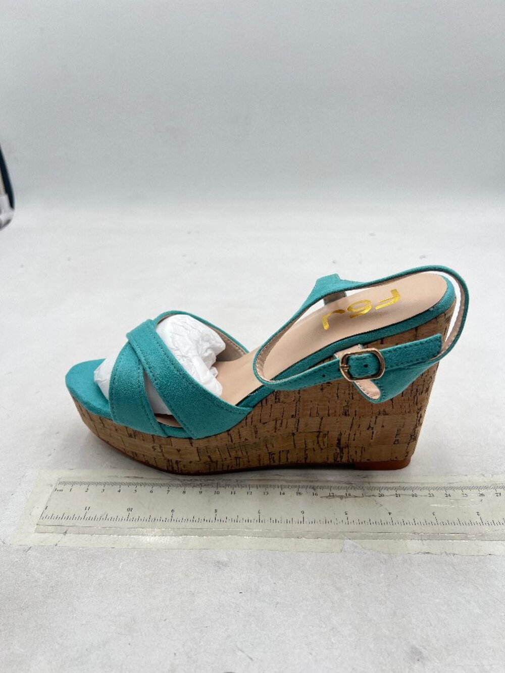 FSJ Turquoise Suede Peep Toe Platform Cork Wedge High Heel Ankle Strap Sandals